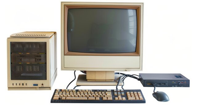Vintage Beige Desktop Computer with CRT Monitor, Keyboard, and Mouse