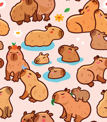 Seamless pattern. Capybara family characters isolated on pink background