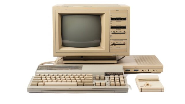 Beige Vintage Personal Computer with Monitor, Keyboard, and Disk Drive