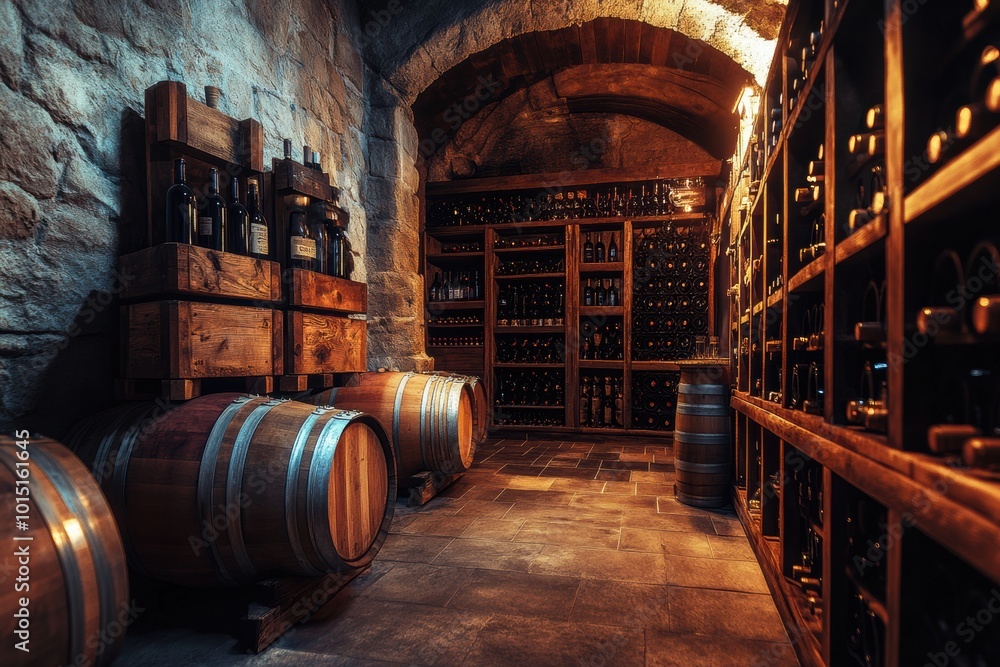 Poster explore a rustic wine cellar featuring wooden barrels and shelves filled with fine wine bottles in a
