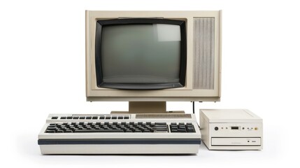 Fototapeta premium Vintage Beige Desktop Computer with Monitor, Keyboard, and Floppy Disk Drive