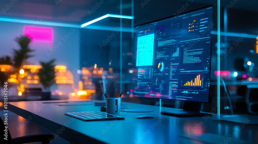 Poster modern office workspace featuring a large monitor displaying data analytics and visualizations in a 
