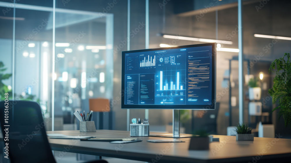 Poster modern office workspace featuring a large monitor displaying data analytics and visualizations in a 