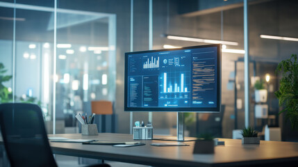 Modern office workspace featuring a large monitor displaying data analytics and visualizations in a well-lit environment
