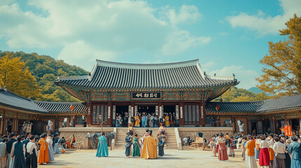 Fototapeta premium traditional Korean lunar new year celebration Seollal background eating and exchanging gifts in hanok