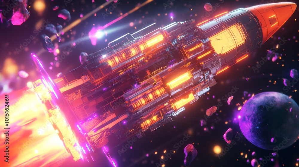 Aufkleber a rocket ignites its powerful engines, releasing brilliant flames and navigating through a dense ast