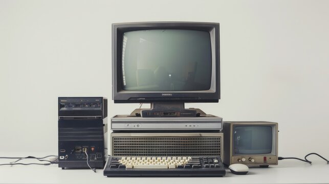 Vintage Computer Setup with CRT Monitor, Keyboard, and Mouse