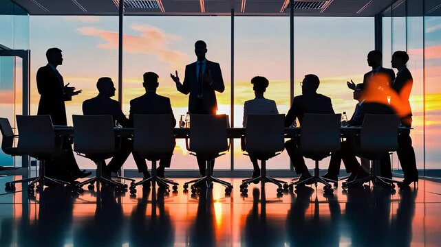 Business Meeting with Executives in Boardroom at Sunset

