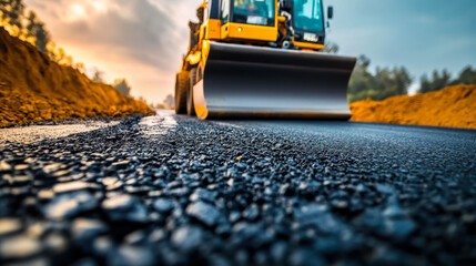 Steam roller paving a new highway section at sunset in a rural area, showcasing construction and machinery in action