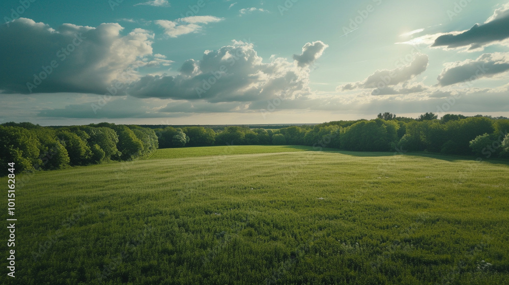 Poster a large, open field with a few trees in the background