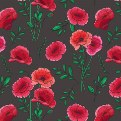 Poppy Background. Red Poppy Seamless Pattern. Green Leaves and Flowers Trendy graphics. Greenery Branches and Blooming Wildflowers seamless pattern. Red Poppy bouquets for luxury wallpapers, textile, 