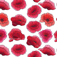 Poppy Background. Red Poppy Seamless Pattern. Green Leaves and Flowers Trendy graphics. Greenery Branches and Blooming Wildflowers seamless pattern. Red Poppy bouquets for luxury wallpapers, textile, 