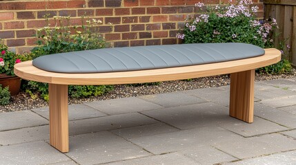 Modern Wooden Bench with Grey Cushion Outdoors