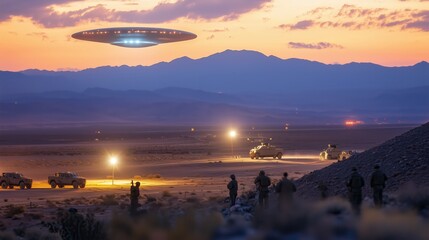 UFO Hovering Over Desert at Twilight Near Area 51
