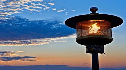 Warmth at Twilight:isolate on white background. Picture a patio heater casting a warm LPG flame against the backdrop of a dusky evening sky. The flame’s golden glow contrasts beautifully with 