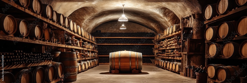 Poster Explore a wine cellar featuring wooden barrels and neatly stacked wine bottles in a rustic, illuminated underground setting. Generative AI