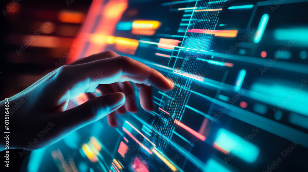 Poster a person's hand interacts with a vibrant digital interface displaying data visualization during a te