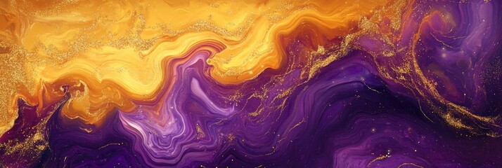 Golden Luxe Swirls. Abstract Contemporary Art Banner with Purple, Yellow, and Glittering Gold