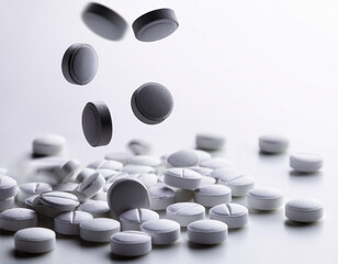 Falling pills, black and white background.