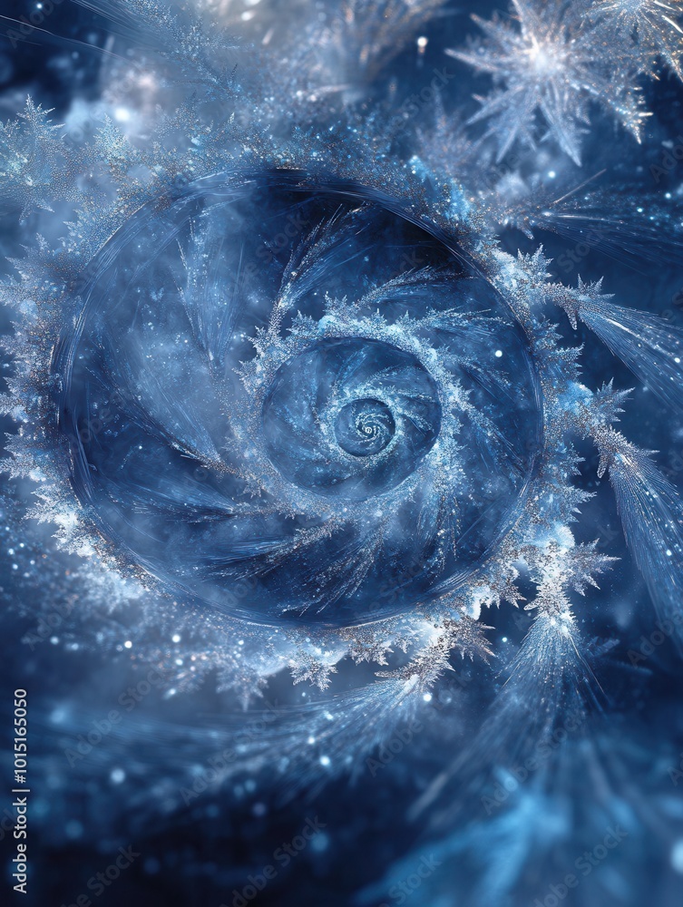 Poster intricate frost patterns spiral inward, creating a mesmerizing icy vortex in deep blue, showcasing w