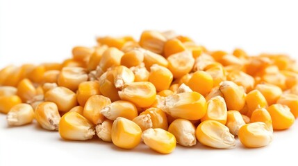 Fototapeta premium Golden Corn Seeds: A Pile of Fresh Maize Kernels on White Background