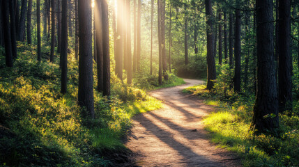 Fototapeta premium Sunlight streams through trees along a winding forest path in the early morning light, creating a serene and mystical atmosphere