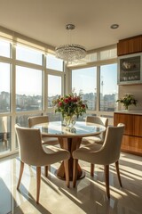 Obraz premium Modern Dining Room with Panoramic City View and Stylish Interior Design