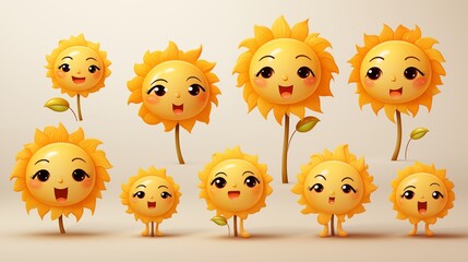 Fototapeta premium 3d cartoon cute sun characters designs for kids on a transparent background. Set of funny suns with happy faces