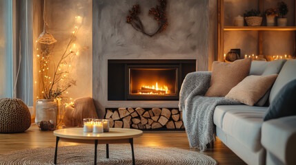 Cozy living room with a fireplace and warm lighting during winter evenings
