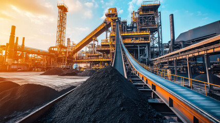 Coal processing facility in operation with conveyor belts transporting materials in a mountainous region during daylight hours