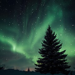 Naklejka premium Christmas Tree and Aurora in the Night Sky
