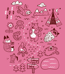 Pink graphic map with cartoon animals. Vector illustration