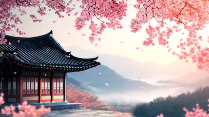 Fototapeta premium traditional Korean lunar new year celebration Seollal background eating and exchanging gifts in hanok