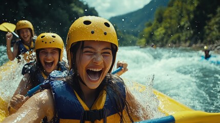 Excited Teens Enjoy a Thrilling White Water Rafting Adventure in the Rapids