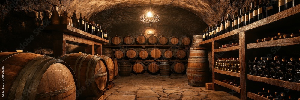 Poster Wine cellar showcasing wooden barrels and shelves filled with assorted wine bottles in a rustic underground setting. Generative AI