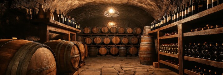 Wine cellar showcasing wooden barrels and shelves filled with assorted wine bottles in a rustic underground setting. Generative AI
