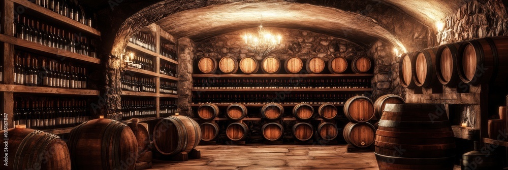 Poster Explore a rustic wine cellar with wooden barrels and shelves lined with fine wine bottles in an atmospheric setting. Generative AI
