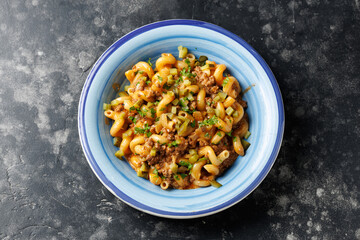 Cheeseburger Pasta with ground beef, melted cheese and gherkins