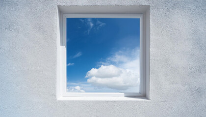 Wall texture of concrete with open window against blue sky and clouds, A part of White cement building, Anyt view Modern architecture. with summer sky, Minimalistic design
