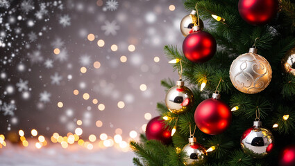 beautifully decorated Christmas tree adorned with shiny baubles and twinkling lights creates festive atmosphere. vibrant red and gold ornaments add touch of elegance to holiday spirit