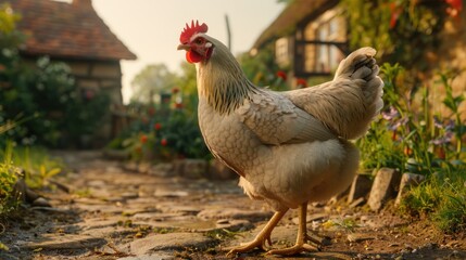 White Hen Standing on a Stone Path in Front of a Cottage