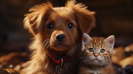 Naklejka premium 3D rendered orange tabby cat and a golden-brown puppy with a collar, Cute and friendly, both with big expressive eyes