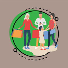 Family doing shopping together flat vector illustration. Grandmother and mother holding shopping bags, father using mobile app for shopping. Commerce, special offer, discount concept for banner design