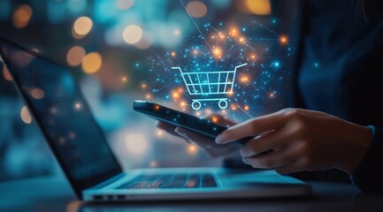 Fototapeta na wymiar Business ecommerce concept. Person use smartphone and laptop with online shopping cart icon on virtual screen. online purchase, ecommerce store, online business, shopping on the internet 