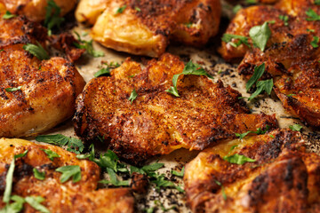 Crispy smashed potatoes baked with herbs