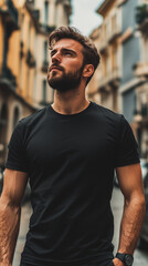 man in casual black t-shirt walking in urban street setting, Shirt Model Mockup 