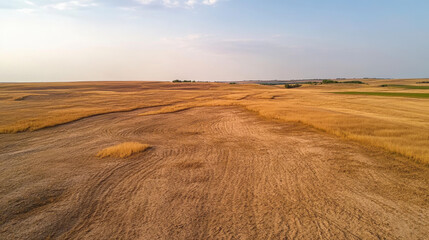 Fototapeta premium A vast golden landscape stretches under clear sky, showcasing dry grass and rolling hills. serene beauty of open fields evokes sense of tranquility and connection to nature