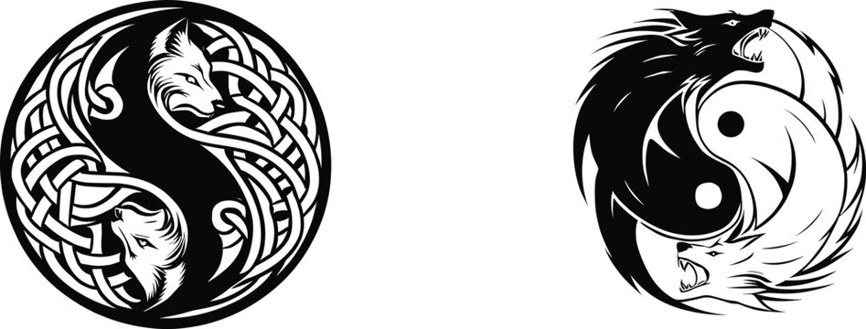 Vector illustration of a symbol of Yin and yang. Celtic style wolf swallowing of the sun.