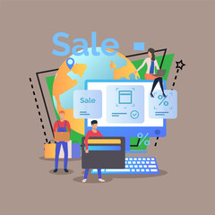 Online shopping, payment and delivery during sale period vector illustration. People doing shopping in internet, delivering goods. Ecommerce, special offer, logistics concept for poster, banner design
