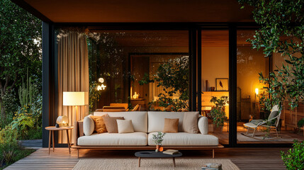Fototapeta premium A modern outdoor living space featuring stylish sofa, warm lighting, and lush greenery creates serene atmosphere. blend of nature and contemporary design invites relaxation and comfort